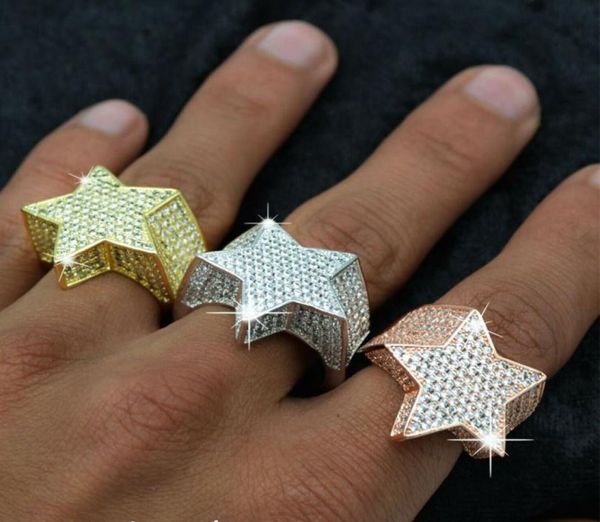 

mens 3d star 14k gold plated copper rings bling iced out cz stone star shape ring gold silver rosegold hiphop jewelry6632479, Golden;silver