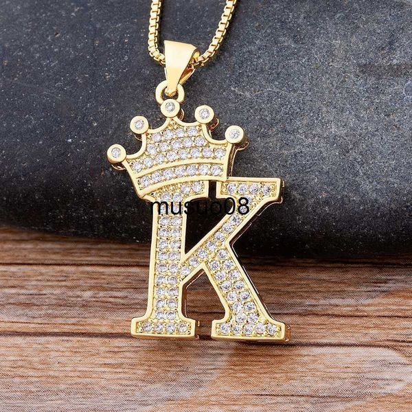 

pendant necklaces new design 26 letters a-z zircon crown initial alphabet pendant necklace handsome punk hip-hop style choker chain jewelry, Silver