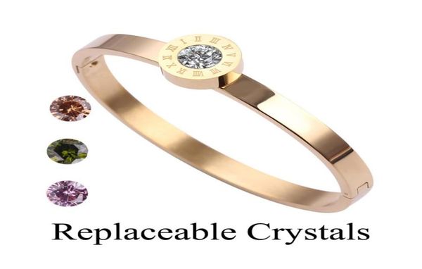 

new classic design replaceable crystals 6cm zircon steel roman numerals bracelets bangles women fashion jewelry bangles5704575, White