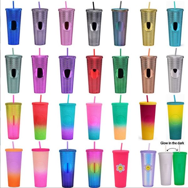 

double layer electroplating plastic tumblers with straw large capacity creative 710ml durian cup piercing hand cup acrylic tumblers a0118