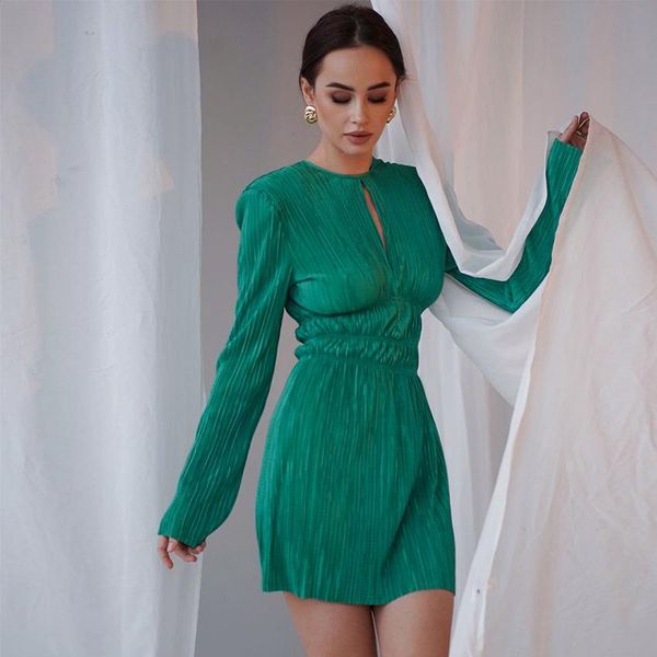 

dresses 2023 miyak pleated high waist slim mini dress for women long sleeve oneck solid fashion black green chic party dresses women, Black;gray
