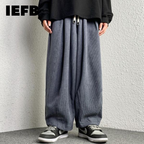 

pants iefb corduroy chic casual cargo pants men's fashion solid color drawstring elastic high waist wide leg trousers new 2023 9a6405, Black