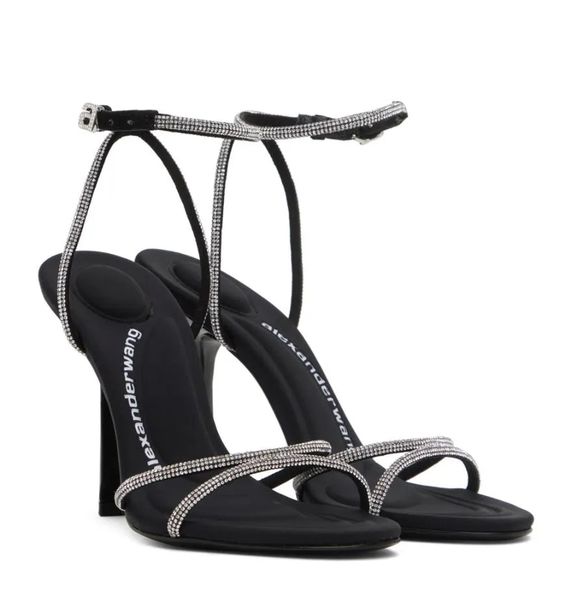 

summer brand women wang sandals shoes crystal glass strappy dahlia stilleto heels round toe gladiator sandalias party wedding ladies pumps e, Black