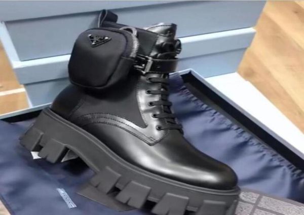 

2021 women stylist rois boots ankle nylon combat boots and martin winter nyion bouch attached shoes real leather removable pocket 7725454, Black