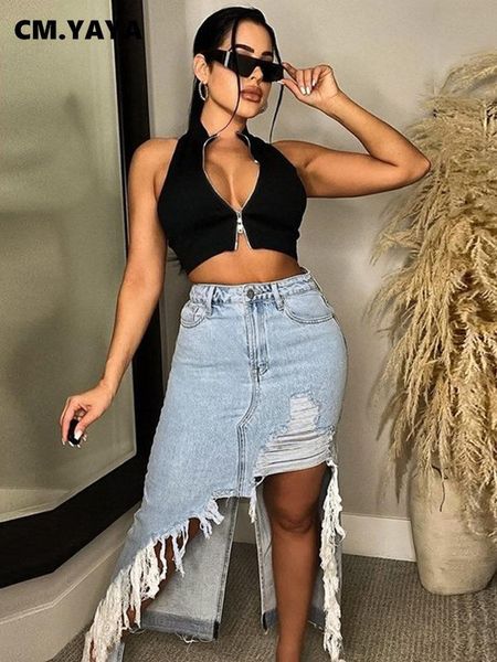 

dresses cm.yaya women fashion high side slit cutout ripped asymmetrical maxi long aline denim skirt 2023 streetwear ins jean skirts, Black;gray