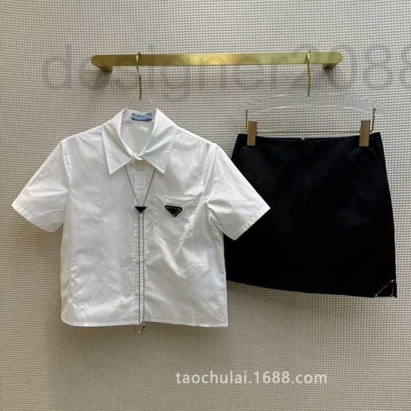 

two piece dress designer women's sweet and cool girls' work clothes short-sleeved shirt+split skirt suit b9dp, White