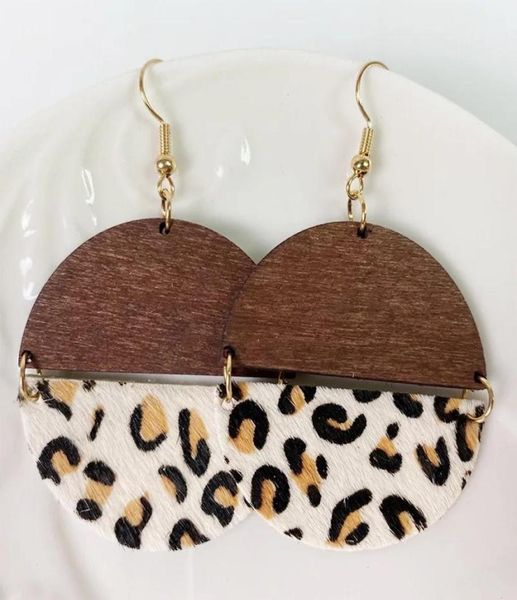 

leopard patchwork earrings rts genuine cowhide hair leather wood round ear pendant cow gold point bohemia earring7843078, Silver