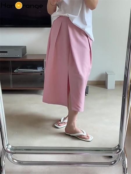 

dresses hanorange 2022 summer pleated front split skirt loose straight casual midi skirt women vintage clothes casual black/pink, Black;gray