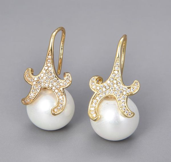 

guaiguai jewelry 14mm white sea shell pearl starfish cz pave hook earrings for women real gems stone lady fashion jewellry9306575, Silver