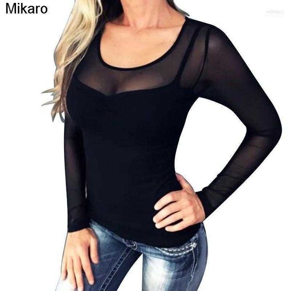 

mikaro women's blouses shirts korean style women long sleeve shirt deep v low cut transparent mesh clubwear blouse bodysuit tunic 2023, White