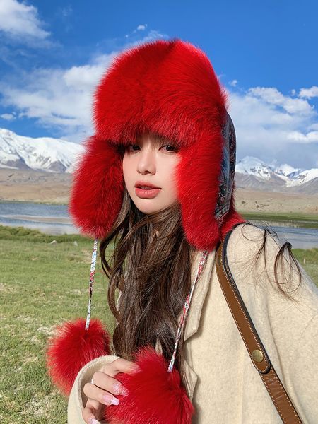

womens real fox fur hat russian ushanka winter hat aviator trapper hunter hat outdoor ski cap, Blue;gray