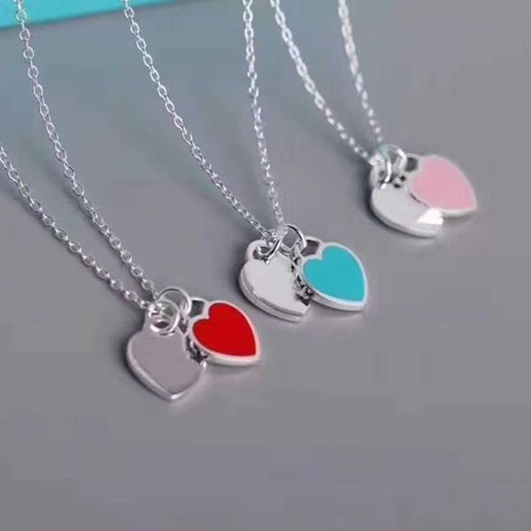 

classic tiffay enamel double heart necklace female v gold and silver love blue pink red shaped collar chain light luxury pendant