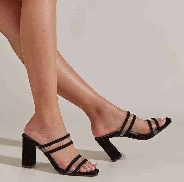 

women's shoes spring 2022 new clear pvc block heel sandals and slippers party shopping dating g220527, Black