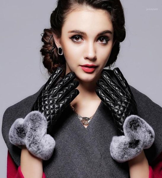 

five fingers gloves touch screen for woman winter warm genuine leather elegant ladies real fur sheepskin17341748, Blue;gray
