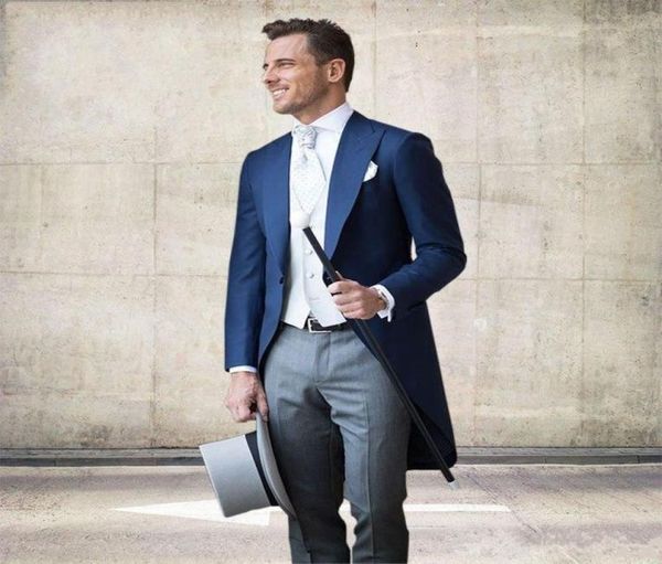 

new morning style one button navy blue groom tuxedos peak lapel groomsmen mens wedding business prom suits jacketpantsvesttie8778281, Black;gray