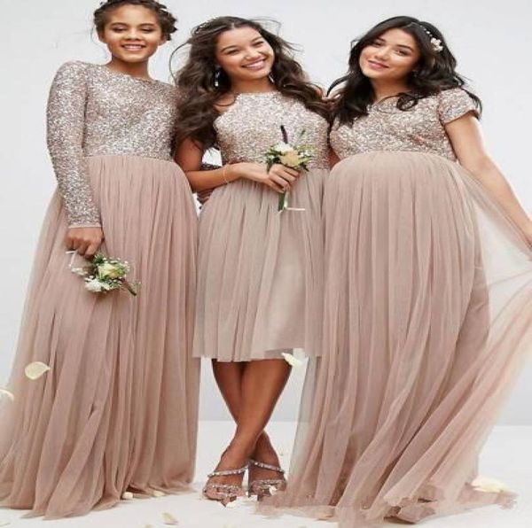 

vintage blush champagne sequins bridesmaid dresses long sleeve tulle plus size country pleated formal prom dress for pregnan7762829, White;pink