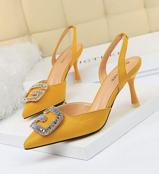 

women039s shoes high heel shallow tip velvet face hollow after the trip metal water drill buckle sandals5239954, Black