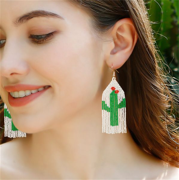 

women's fashion face show thin cactus earrings, bohemian style rice beads handwoven tassel beaded earrings, Golden