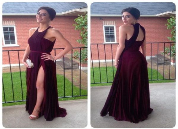 

2019 burgundy chiffon prom dresses long halter neck thighhigh split ruched open back evening gowns8089810, Black