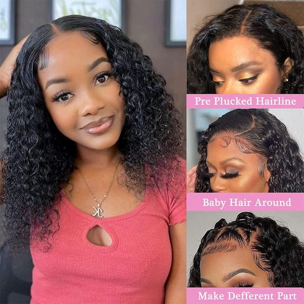

curly bob wig human hair glueless 13x4 transparent lace front wigs kinky curly human hair bob wigs for black women 180% density, Black;brown