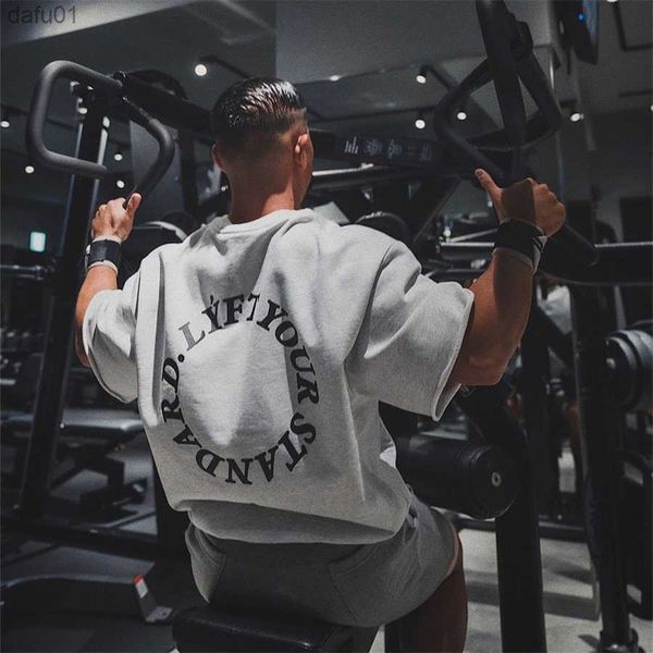 

2022 summer men short sleeve cotton t-shirt casual loose gym fitness bodybuilding sports t shirt male fashion tees l230520, White;black