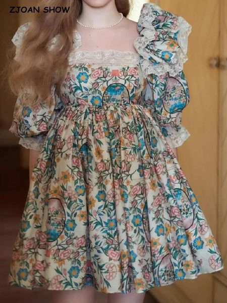 

dresses princess green flower organza dress splice lace ruffles shoulder half puff sleeve women fairy mini robe palace, Black;gray