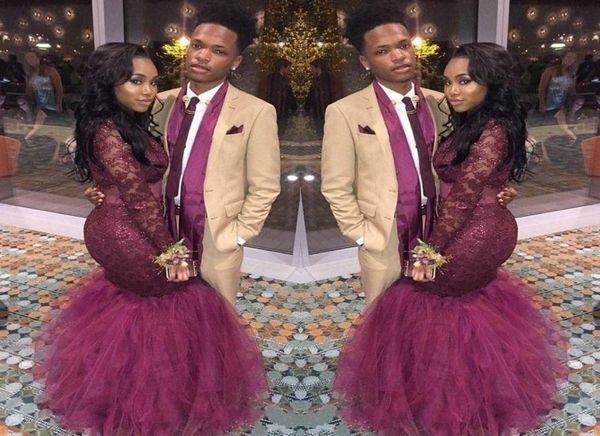 

burgundy mermaid black girls evening dresses long sleeves illuiosn formal prom gowns red carpet celebrity runaway dress custom mad9548916