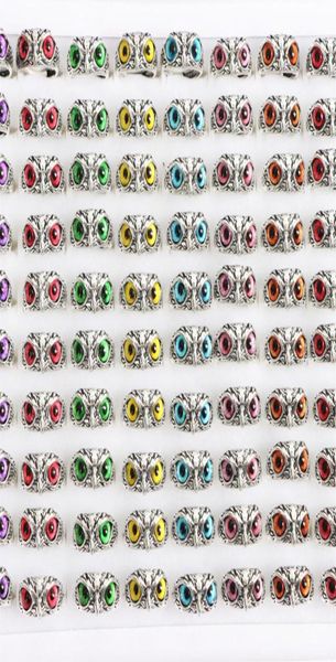 

punk vintage colorful owl eye adjustable open rings jewelry for women men mix style color party gifts whole 36pcslot4704497, Golden;silver
