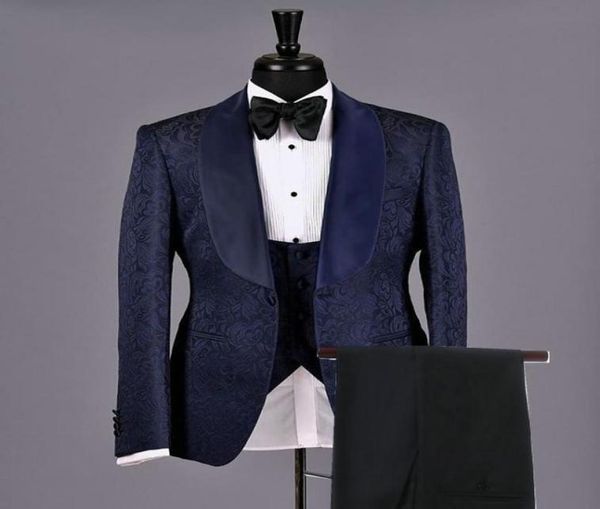 

navy blue paisley groom tuxedos big shawl collar men prom party suit man work business suit jacketpantsvesttie no9057375658, Black;gray