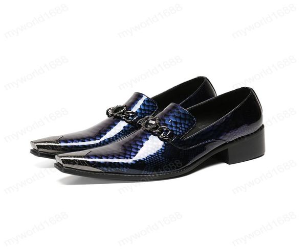 

large size dark blue men039s snakeskin pattern patent leather shoes metal pointed toe party dress man new shoes3857313, Black