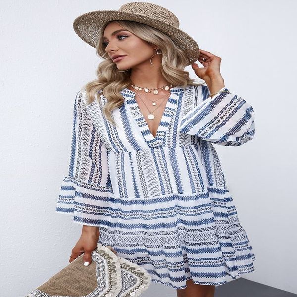 

women's summer dress - boho dress geometric print v neck ruffle swing mini dress, White