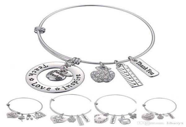 

love inspire teach white crystal apple ruler bracelet stainless steel pendant bangle jewelry gift teacher friend dlh2049874992, Golden;silver
