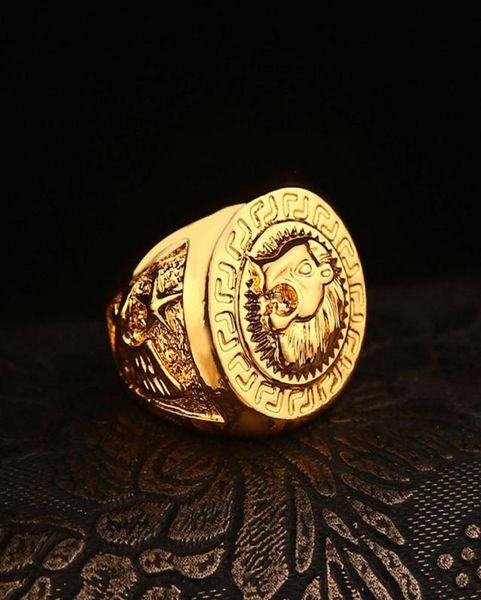 

hip hop rings jewelry masonic 24k gold lion medallion head finger ring for men women hq4709936, Golden;silver