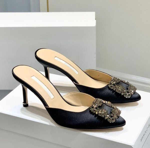 

latest fashion scuffs head slippers dress shoes rhinestone square buckle shoes women039s 7cm thin high heels luxury satin cryst9723396, Black