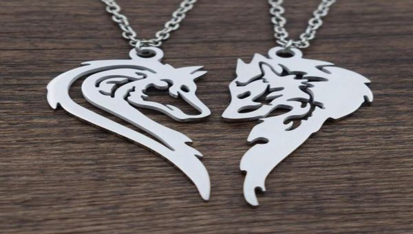 

1pcs two wolves necklace making a heart his and her wolf pendants for couples3907171, Silver