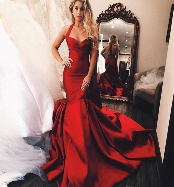 

dark red halter neck evening dresses 2019 saudi arabia dubai mermaid sleeveless holiday wear formal party prom gowns plus size9634940, Black;red