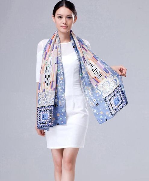 

100 silk scarf artist oil painting long silk scarf selling all season 42160cm 36988905629, Blue;gray