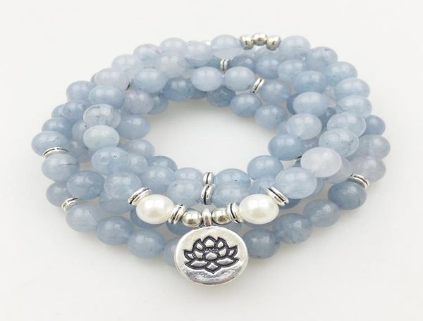 

sn1205 design womens 8 mm blue stone 108 mala beads bracelet or necklace lotus charm yoga bracelet5938920, Black