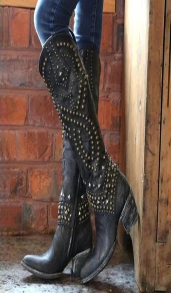 

womens boots retro rivet midcalf boots handmade leather long booties women high cowboy boots fashion casual shoes d t2004251087359, Black