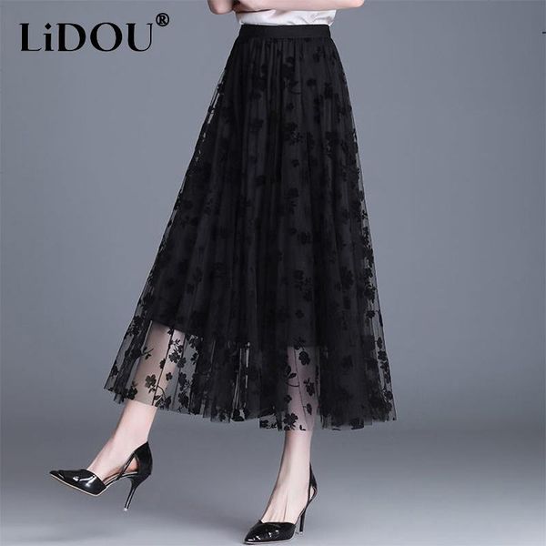 

dresses summer autumn oversized floral print elegant fashion aline skirt women high waist allmatch sweet mesh skirts female clothes, Black;gray