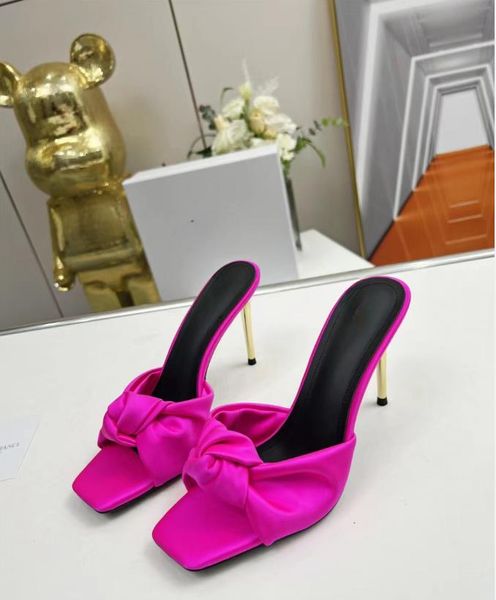 

designer spring summer slippers new original silk high heels imported genuine leather slippers with a heel height of 9.5cm women's shoe, Black