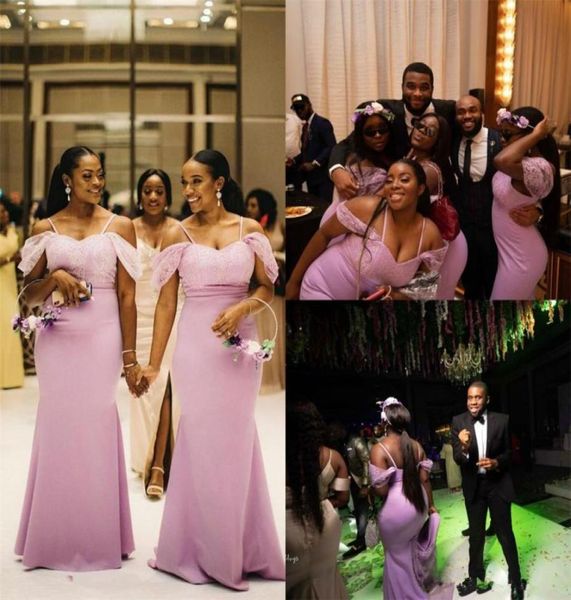 

2021 black girl mermaid bridesmaid dresses african off shoulder wedding guest gown long spaghetti prom evening dress9552739, White;pink