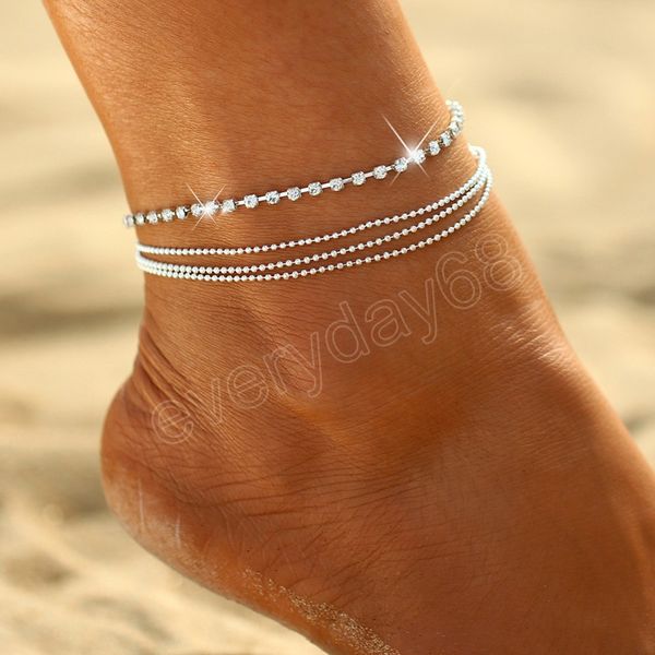 

fashion layered diamond anklet bracelets boho gold silver color tennis chain anklet for women summer beach foot chain jewelry, Red;blue