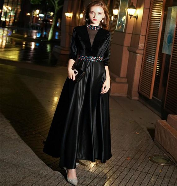 

beaded high neck satin evening dresses 2019 black sheer long evening gowns floor length prom dress7910114, Black;red