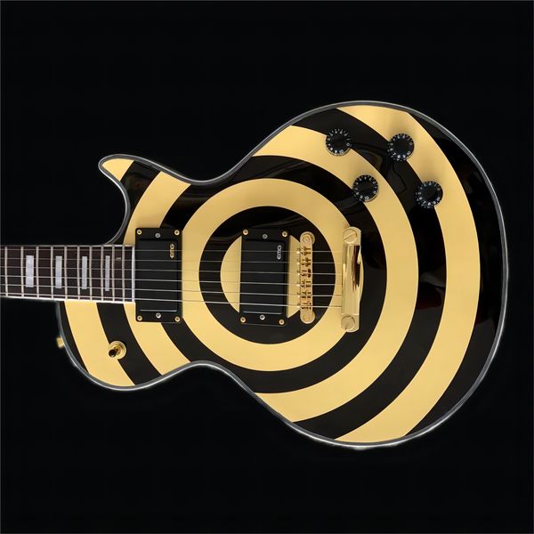 

ustom shop zakk black twisted bullseye yellow electric guitar maple neck & fingerboard, white pearl block inlay, copy369