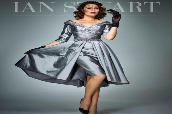 

gray modest knee length short mother of the bride dresses with overskirts sash ruched half sleeves wedding party gowns2450434, Black;red