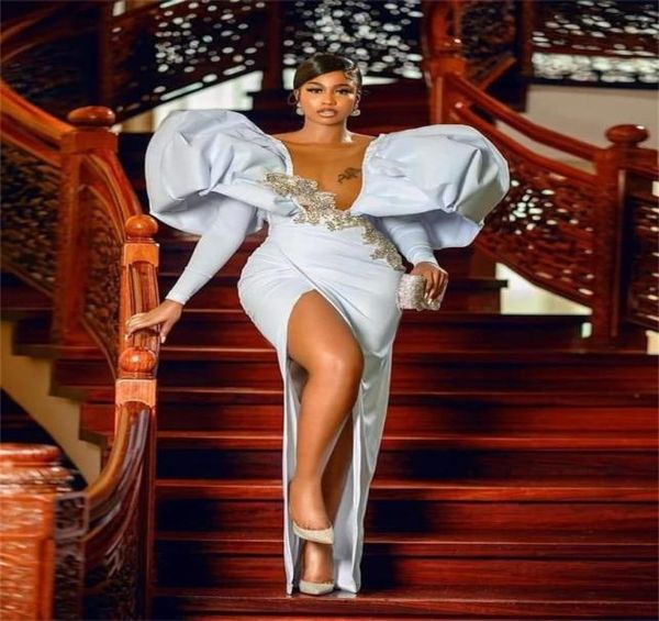 

silver satin prom dresses with puffy sleeves bead high slit mermaid evening dress plus size aso ebi party gowns for african w8743444, Black