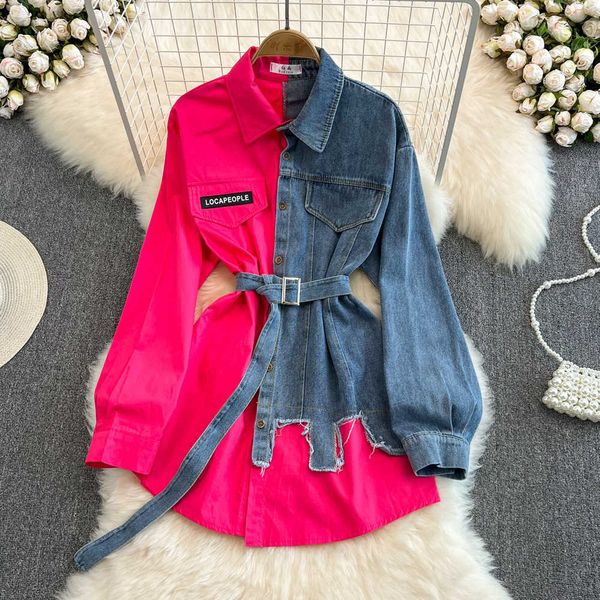 

fashion spring summer designer women graphic shirts patchwork casual one piece clothes long sleeve denim clothing lady blousesvqk, White