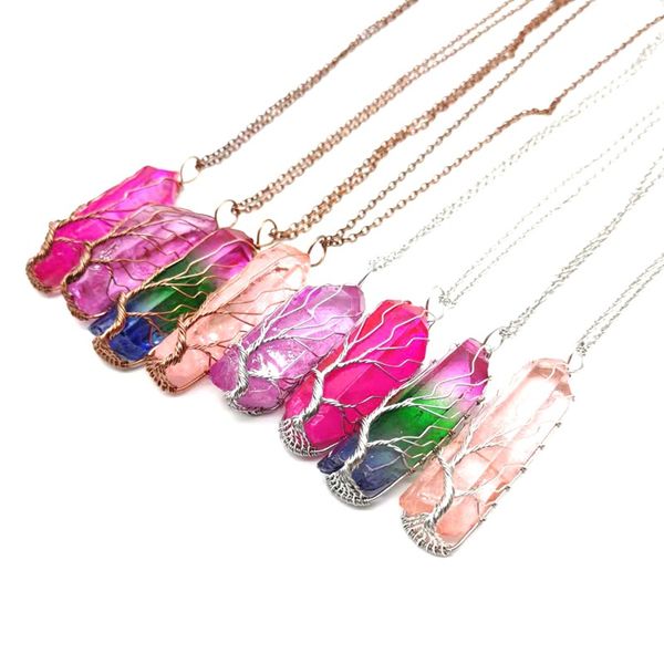 

colorful natural stone pendant necklace crystal pillar life tree necklace silver chain