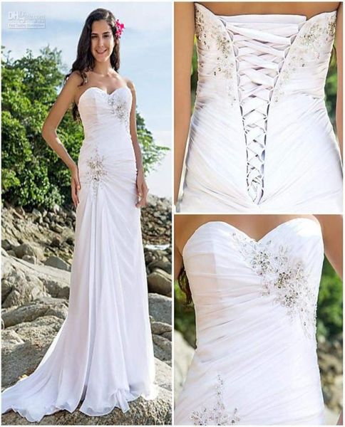 

2019 new design white chiffon summer beach wedding dresses sweetheart beads ruffle laceup sweep train backless sheath summer dres1251578